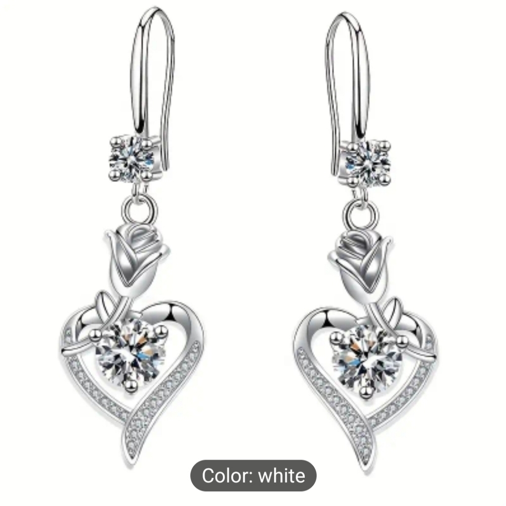 White Hollow Heart Rose Flower Earrings